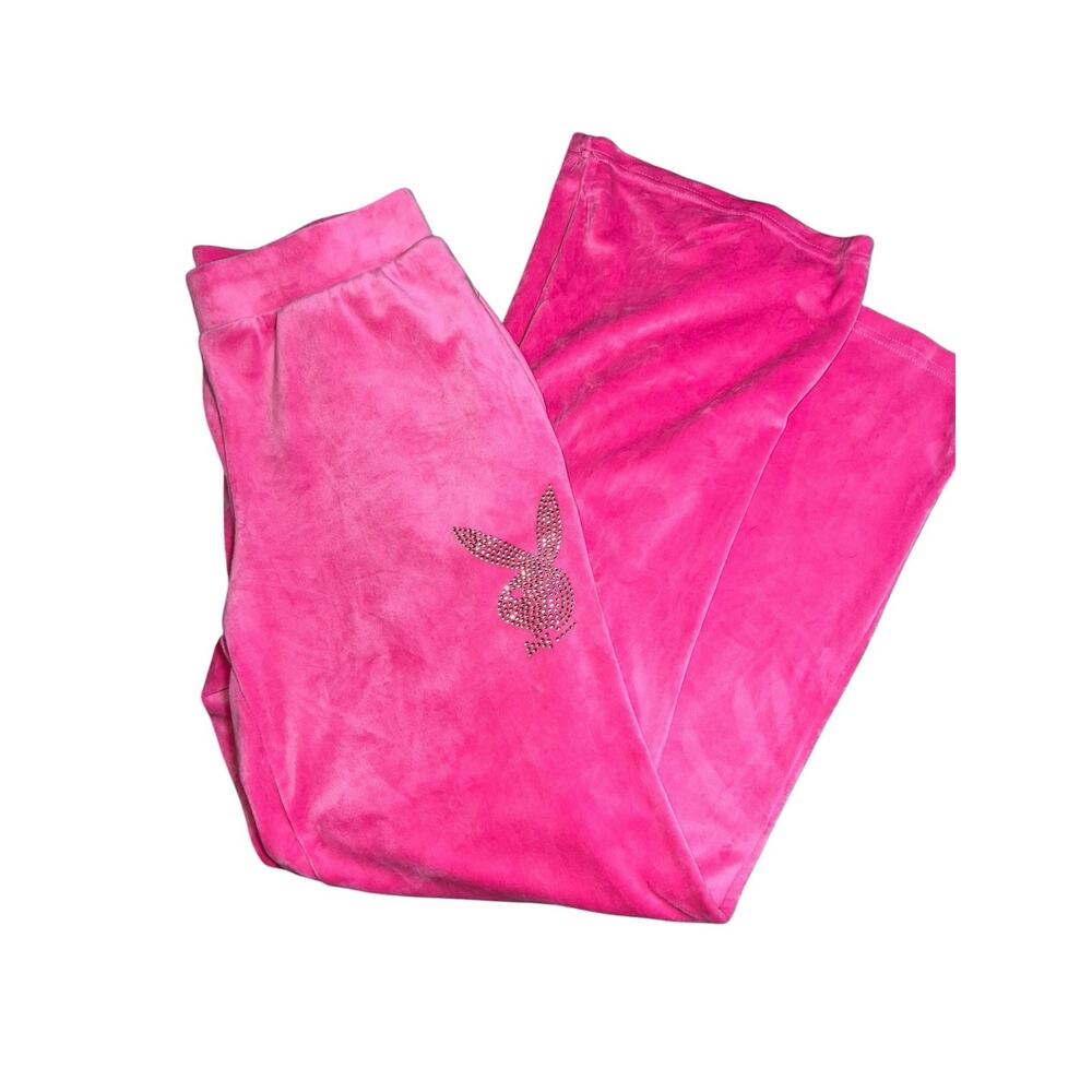 Playboy Pink Y2K Velour Rhinestone Wide Leg Track Pants Women's Size Medium